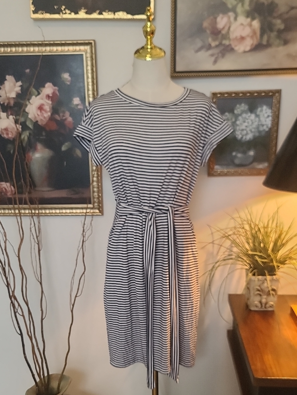 Merokeety Classic Navy and White Striped Belted Dress